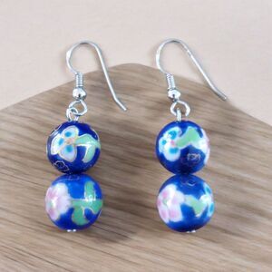 Vintage Chinese Ceramic Beaded Earrings Blue Floral Drop